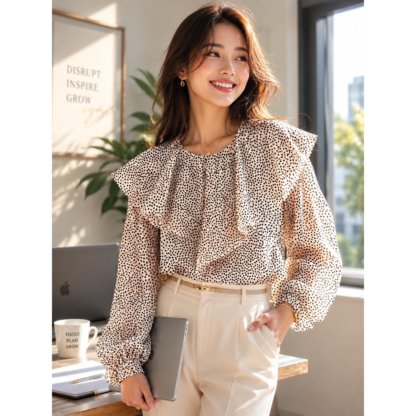 Zara Basic Collection Polka Dot Ruffle Blouse Cream Black Long Sleeve Size M
